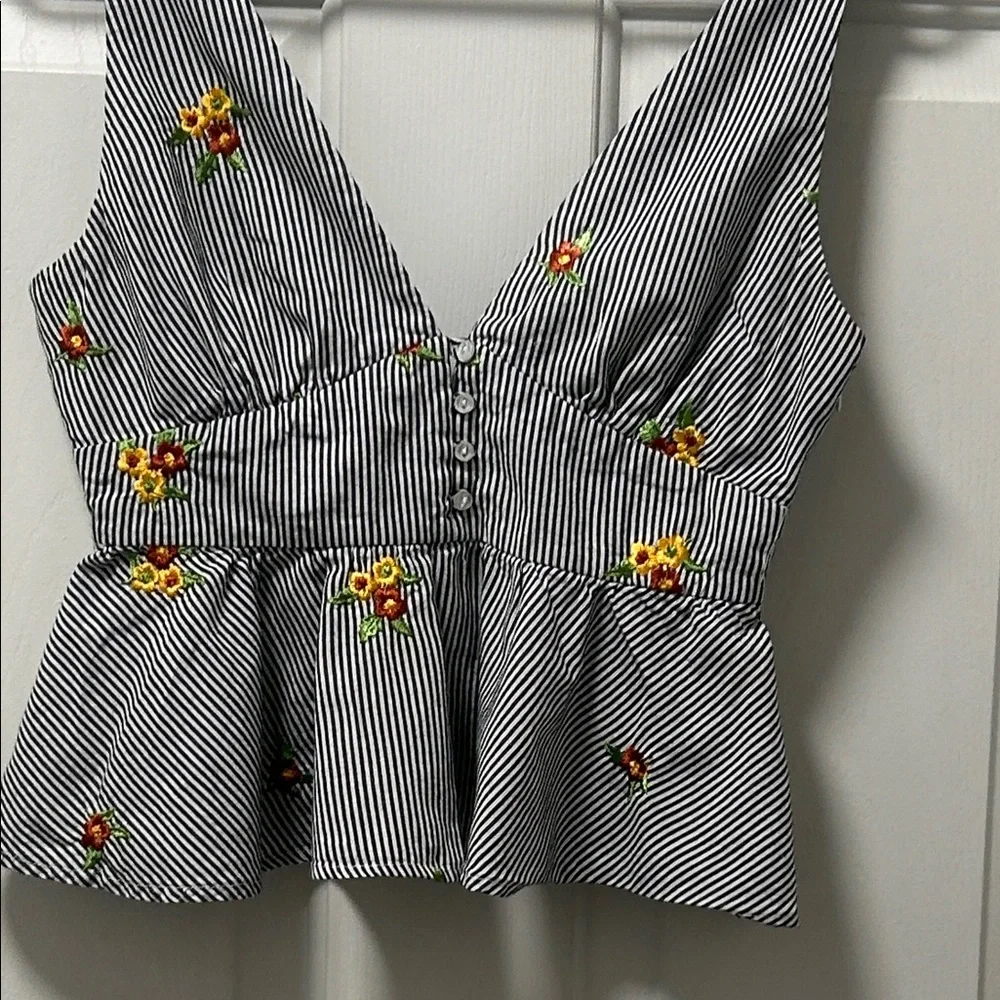 Forever 21 Contemporary Striped Floral Embroidered Babydoll Peplum Top Size S - Picture 11 of 14